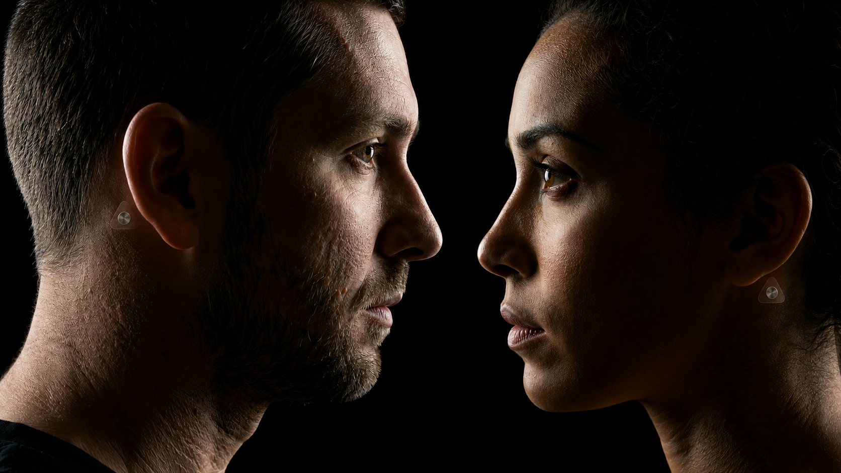 Two people facing each other, each wearing an m.2 sensor.