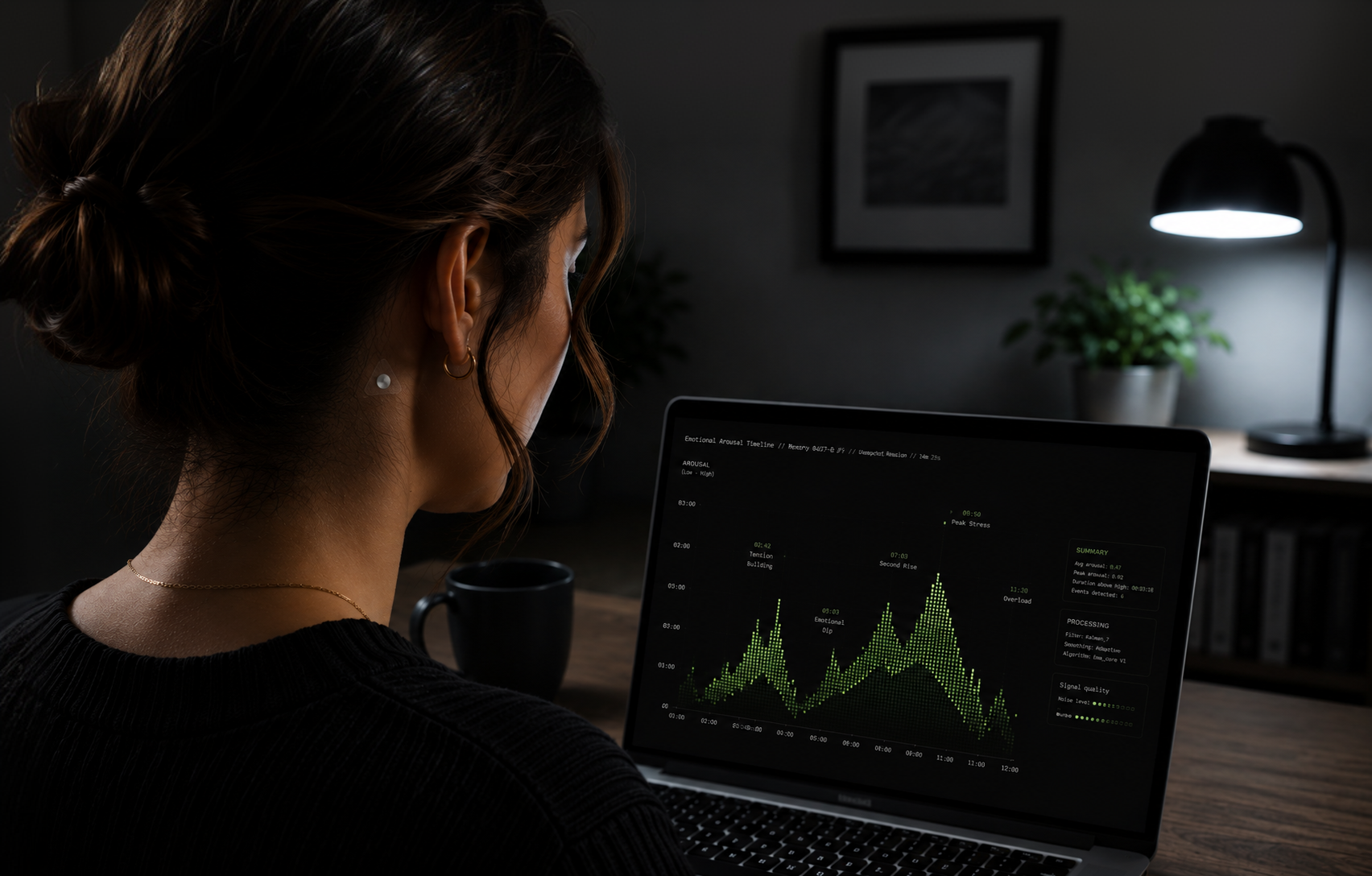 A person wearing m.2 while looking at the m.2_os dashboard on a laptop.